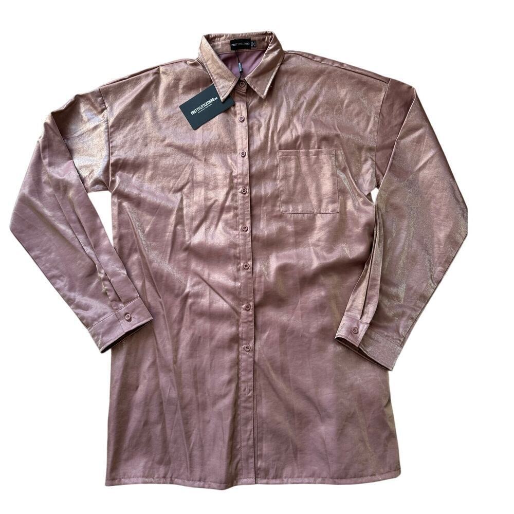 NWT - PRETTY LITTLE THING Pink Metallic, sparkly, shiny shirt/dress size 10